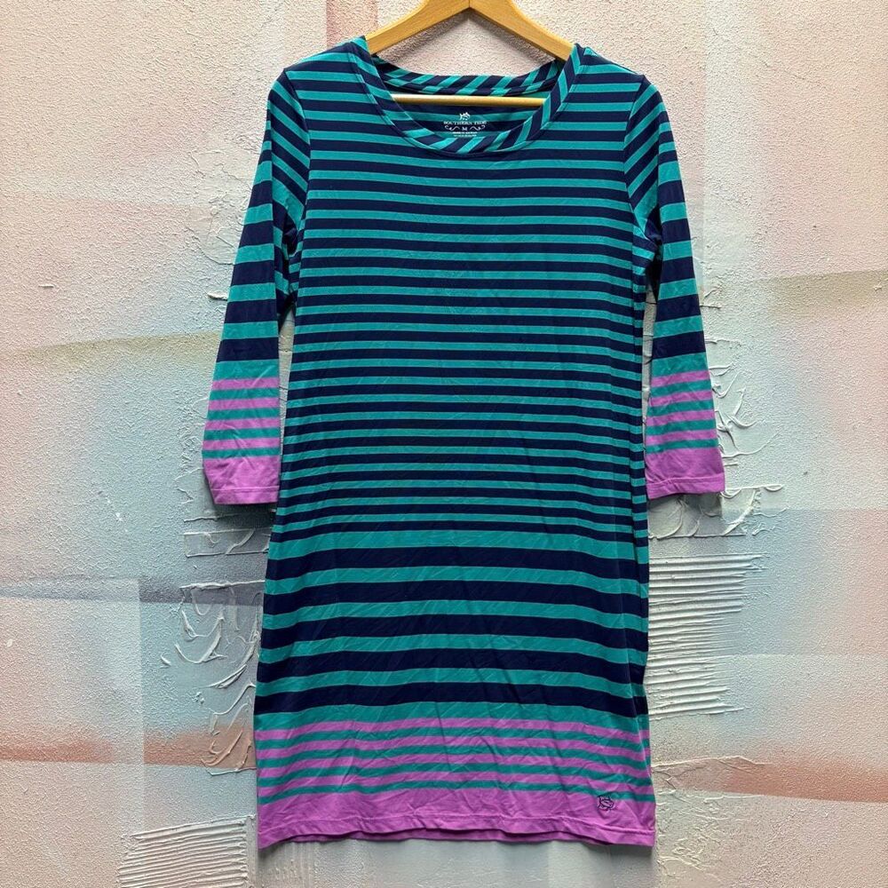 Southern Tide M Pink Green Navy Blue Striped 3/4 Sleeve Dress Preppy Resortwear